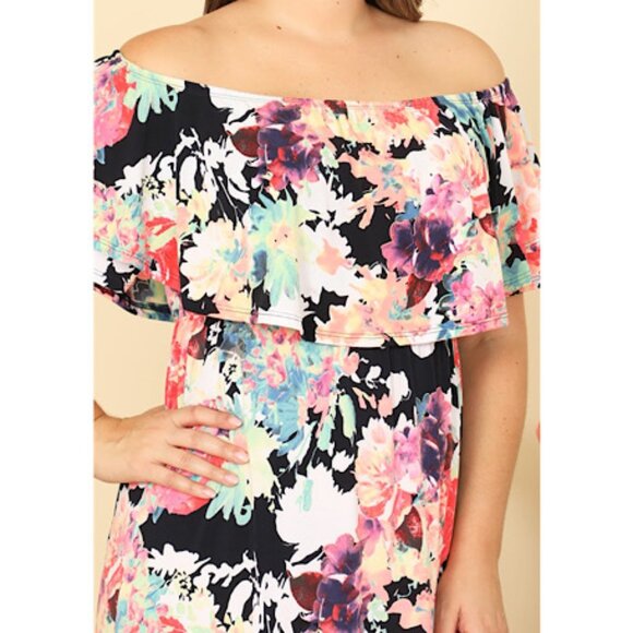 NWOT Black Multi Colour Printed Off shoulder Plus Size Long Maxi Dress Bohemian - Picture 3 of 7